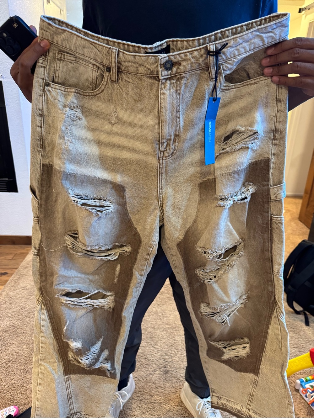 Fashion Nova Men’s Distressed Beige and Dark Brown Relaxed Jeans